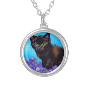 Van Gogh Cat and Flowers Silver Plated Necklace