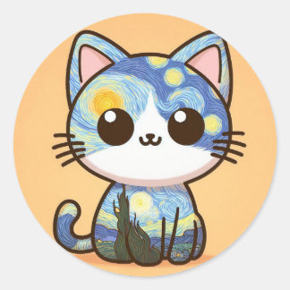 Van Gogh Cat Cartoon Starry Night Classic Round Sticker