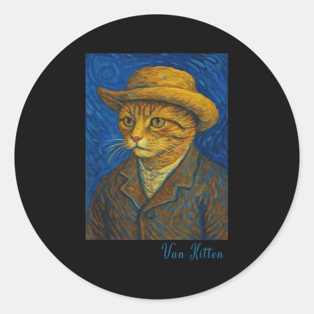Van Gogh Cat Kitten Lover Self Rtrait Artist Style Classic Round Sticker (Front)