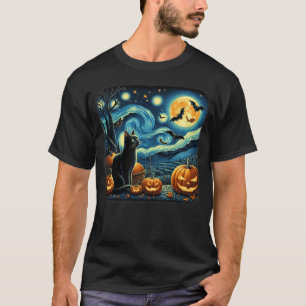 Van Gogh Cat Starry Night Black Cat Halloween Cat T-Shirt