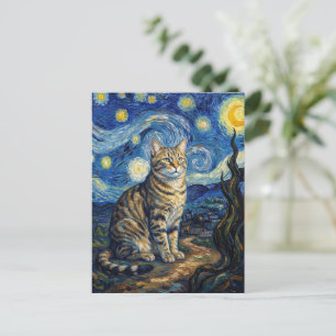 Van Gogh Cat Starry Night Impressionist Art Postcard