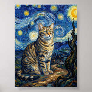 Van Gogh Cat Starry Night Impressionist Art Poster