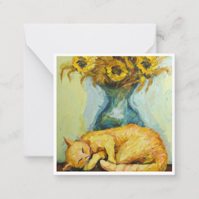 Van Gogh Cat with Sunflowers Note Card (Front)