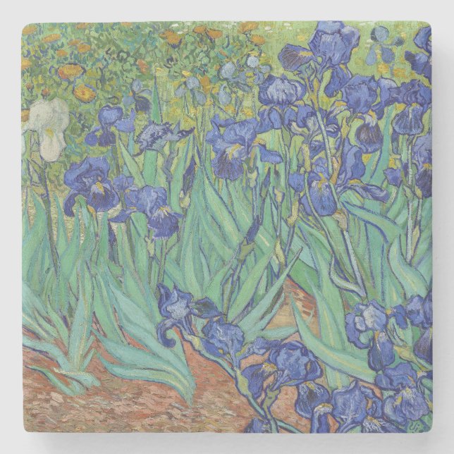 Van Gogh Famous Blue Irises Floral Oil Painting Stone Coaster (Front)