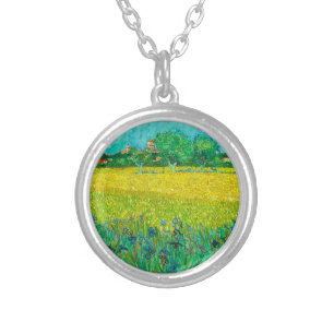 Van Gogh Field with Irises Near Arles Silver Plated Necklace