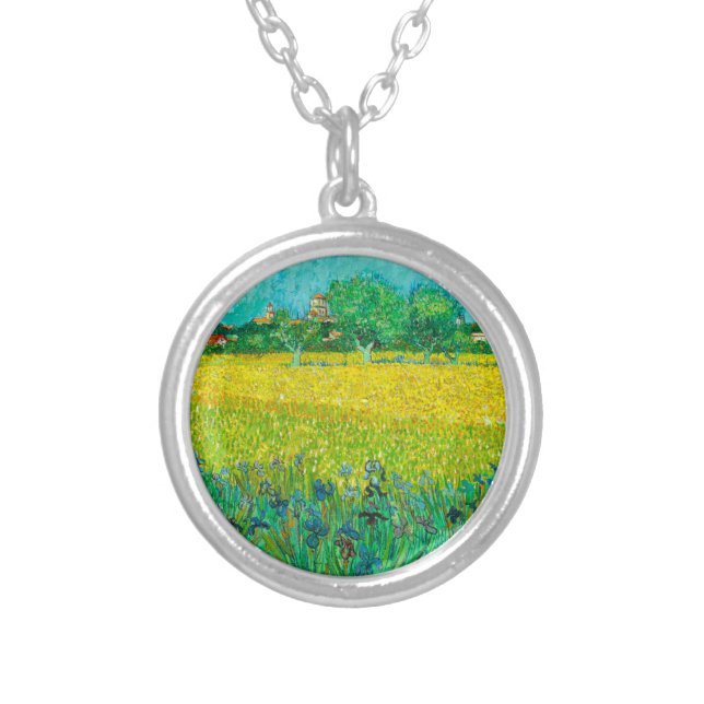 Van Gogh Field with Irises Near Arles Silver Plated Necklace (Front)