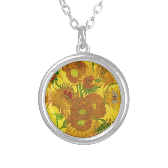 Van Gogh Fifteen Sunflowers In A Vase Fine Art Silver Plated Necklace (Front)