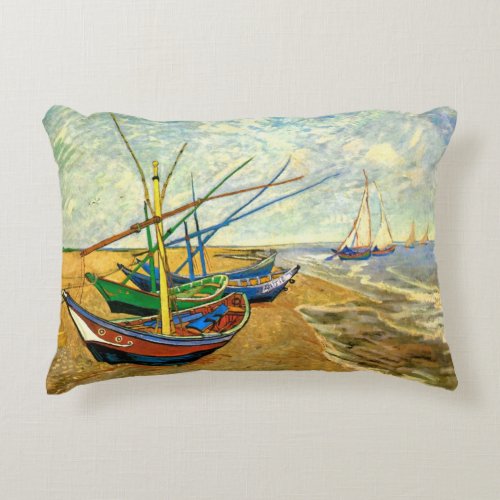 Van Gogh Fishing Boats on Beach at Saintes Maries Accent Pillow