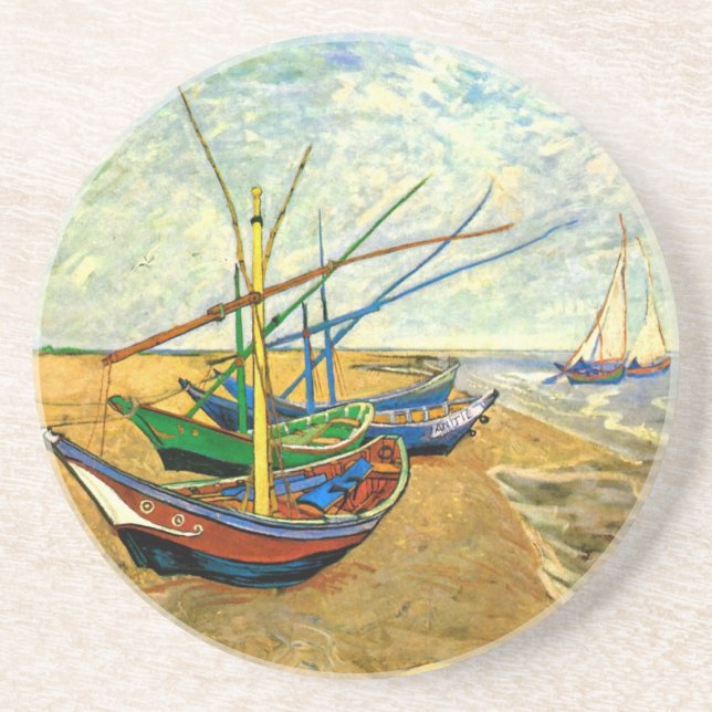 Van Gogh Fishing Boats on Beach at Saintes Maries Drink Coaster (Front)