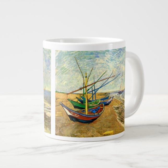 Van Gogh Fishing Boats on Beach at Saintes Maries Large Coffee Mug (Front Right)