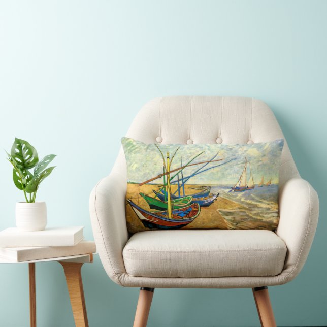 Van Gogh Fishing Boats on Beach at Saintes Maries Lumbar Pillow (Chair)