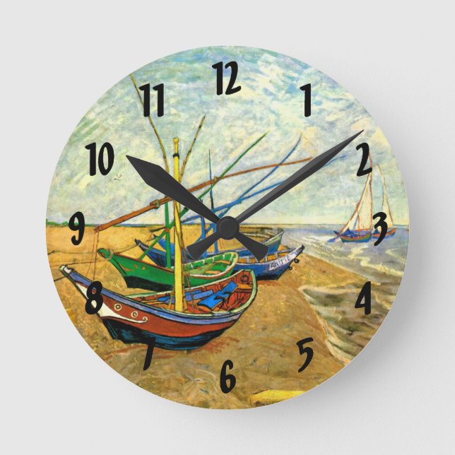 Van Gogh Fishing Boats on Beach at Saintes Maries Round Clock (Front)