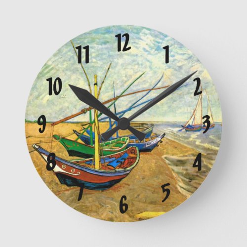 Van Gogh Fishing Boats on Beach at Saintes Maries Round Clock