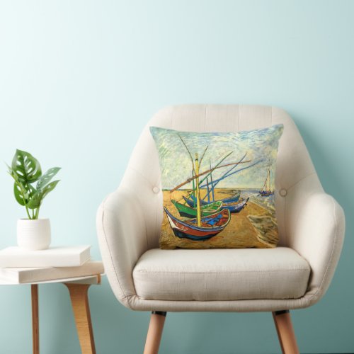 Van Gogh Fishing Boats on Beach at Saintes Maries Throw Pillow