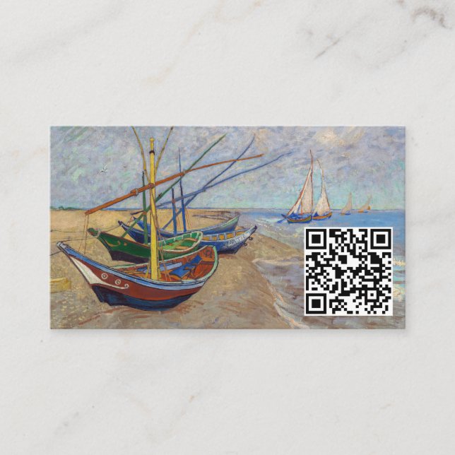 Van Gogh - Fishing Boats on the Beach - QR Code Business Card (Front)