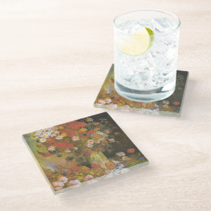 Van Gogh Floral Still Life Red Poppies & Roses Glass Coaster