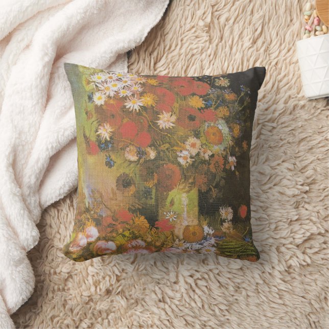 Van Gogh Floral Still Life Red Poppies & Roses Throw Pillow (Blanket)