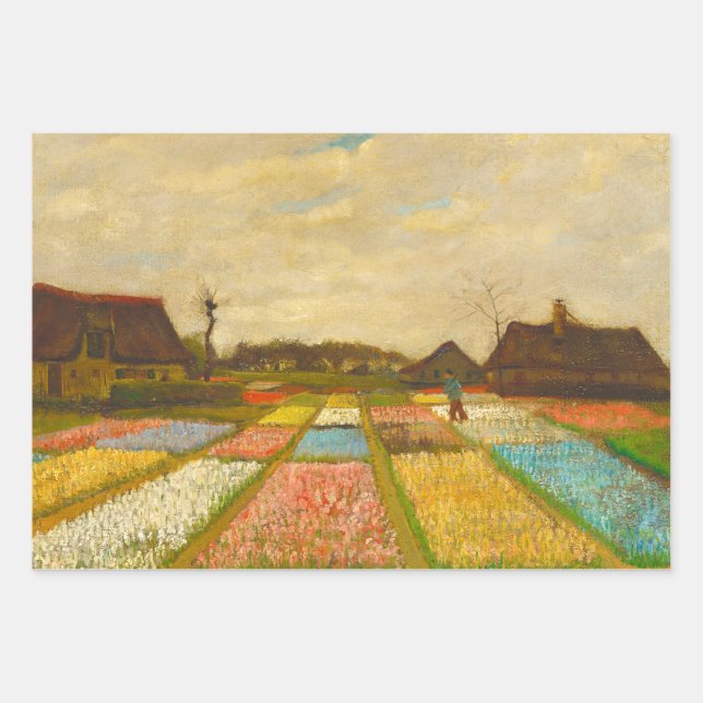 Van Gogh Flower Beds, Farmhouse, and Roses Wrapping Paper Sheets (Front)
