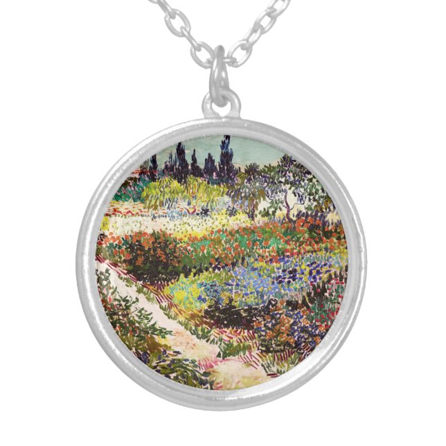 Van Gogh Flowering Garden At Arles Floral Fine Art Silver Plated Necklace (Front)
