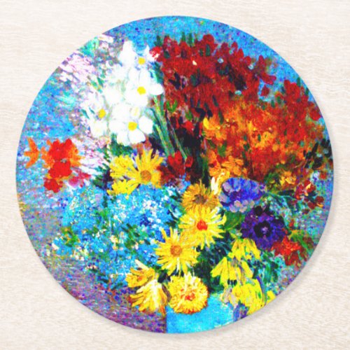 Van Gogh Flowers in a Blue Vase Round Paper Coaster