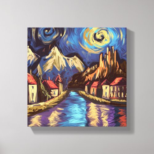 Van Gogh Inspired Night Sky Mountain Village Lands Canvas Print