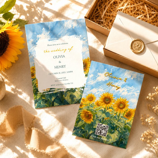 Van Gogh Inspired Sunflower QR Code Wedding  Invitation (Creator Uploaded)
