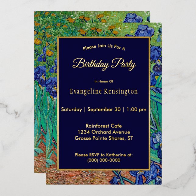 Van Gogh Irises Floral Painting Birthday Gold Foil Invitation (Front/Back)