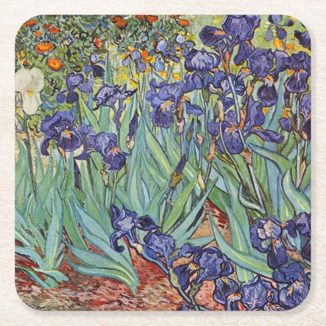 Van Gogh Irises Impressionist Painting Square Paper Coaster (Front)