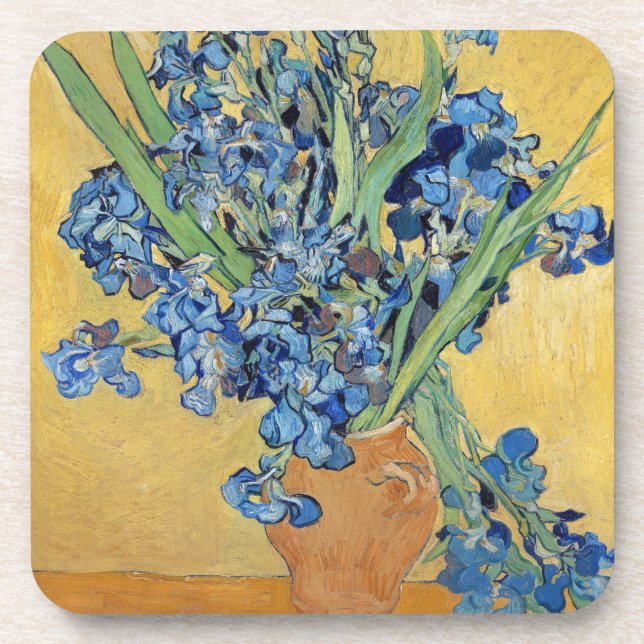 Van Gogh Irises Vase Blue Flowers Bouquet Painting Beverage Coaster (Front)