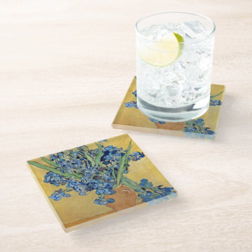 Van Gogh Irises Vase Blue Flowers Bouquet Painting Glass Coaster