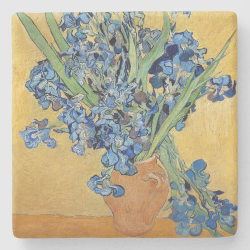 Van Gogh Irises Vase Blue Flowers Bouquet Painting Stone Coaster