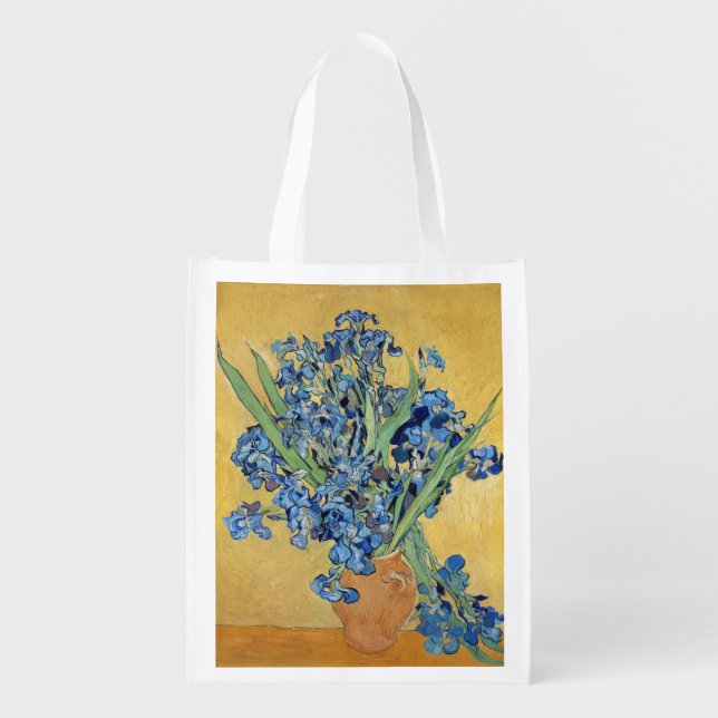 Van Gogh Irises Vase Blue Flowers Gold Wall Art Grocery Bag (Front)