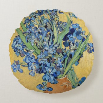 Van Gogh Irises Vase Gold Wall Blue Flowers Art Round Pillow by Then_Is_Now at Zazzle
