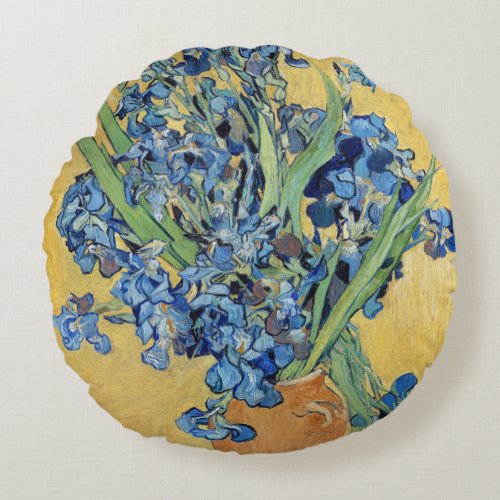 Van Gogh Irises Vase Gold Wall Blue Flowers Art Round Pillow