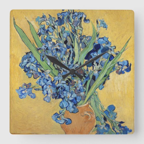 Van Gogh Irises Vase Gold Wall Blue Flowers Art Square Wall Clock