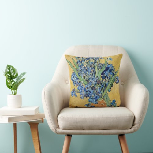 Van Gogh Irises Vase Gold Wall Blue Flowers Art Throw Pillow