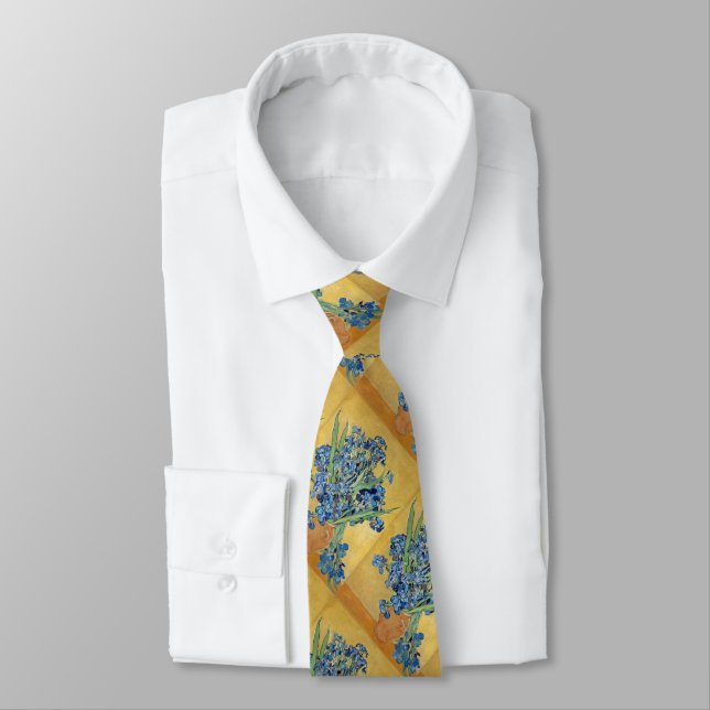 Van Gogh Irises Vase Yellow Background Flowers Art Neck Tie (Tied)