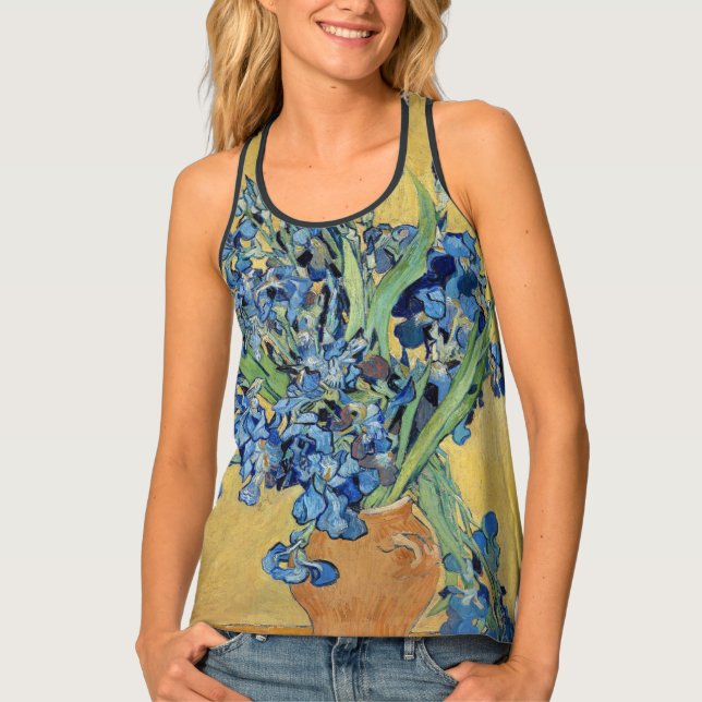 Van Gogh Irises Vase Yellow Background Flowers Art Tank Top (Front)