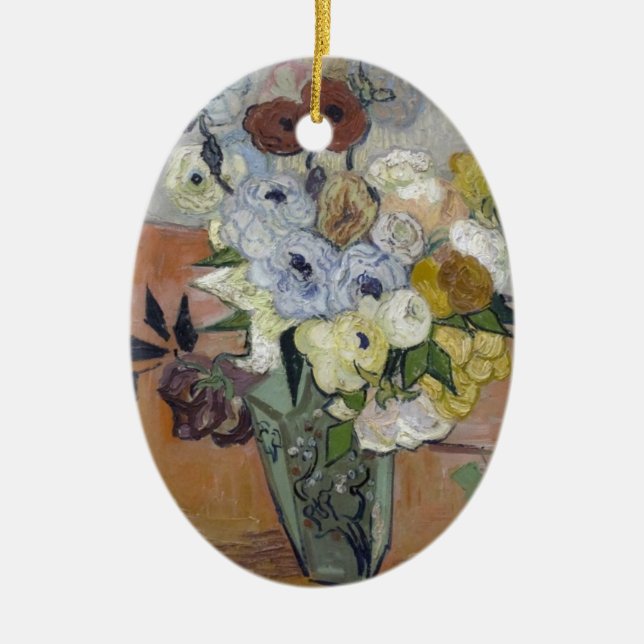 Van Gogh Japanese Vase with Roses and Anemones Ceramic Ornament (Front)