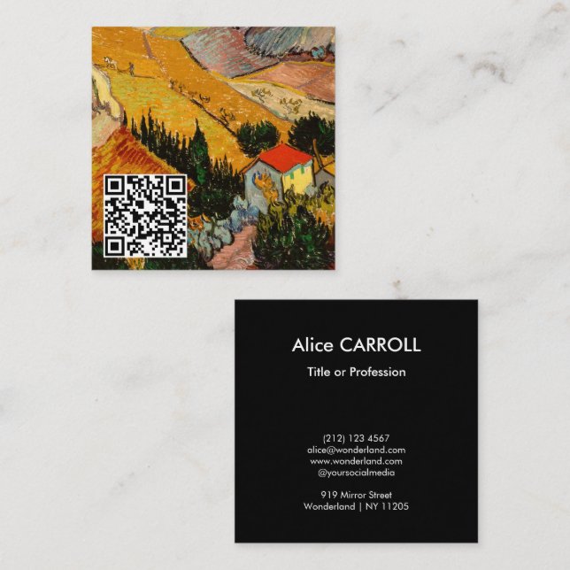 Van Gogh - Landscape, House, Ploughman - QR Code Square Business Card (Front/Back)
