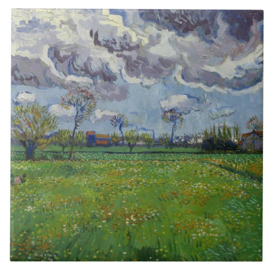 Van Gogh Meadow with Flowers Under a Stormy Sky Ceramic Tile | Zazzle.com