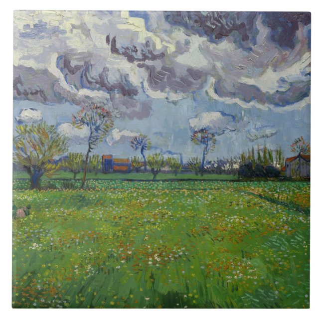Van Gogh Meadow with Flowers Under a Stormy Sky Ceramic Tile (Front)