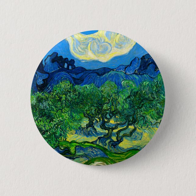 Van Gogh Olive Trees in a Mountainous Landscape Button (Front)