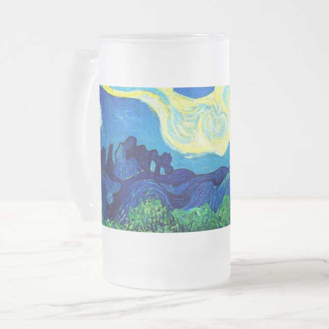 Van Gogh Olive Trees in a Mountainous Landscape Frosted Glass Beer Mug (Front Left)