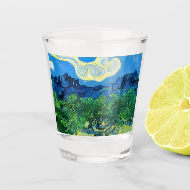 Van Gogh Olive Trees in a Mountainous Landscape Shot Glass (Front)