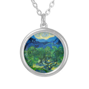 Van Gogh Olive Trees in a Mountainous Landscape Silver Plated Necklace