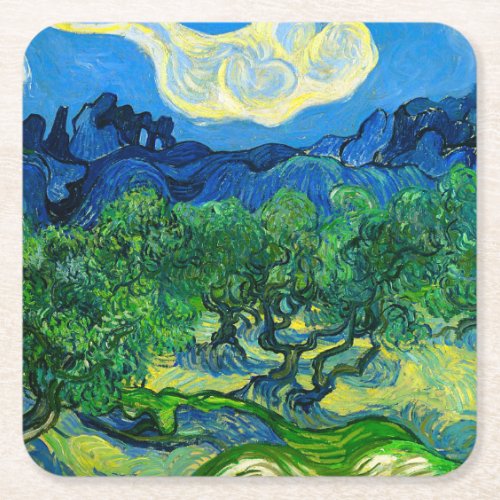 Van Gogh Olive Trees in a Mountainous Landscape Square Paper Coaster