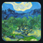 Van Gogh Olive Trees in a Mountainous Landscape Square Sticker<br><div class="desc">Stickers featuring Vincent van Gogh’s oil painting Olive Trees in a Mountainous Landscape (1889). Green olive trees decorate a mountainside underneath a starry night sky. A marvelous gift for lovers of Post-Impressionism and Dutch art collectors!</div>