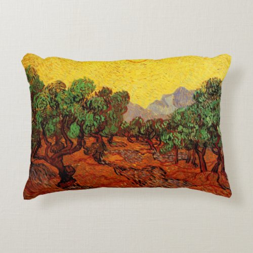 Van Gogh Olive Trees with Yellow Sky and Sun Accent Pillow