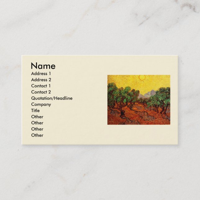Van Gogh Olive Trees with Yellow Sky and Sun Business Card (Front)
